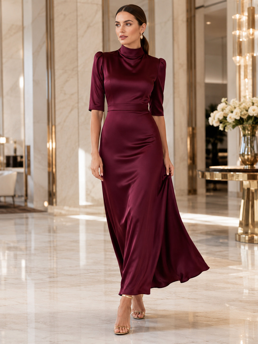 Burgundy High Neck Satin Tea Occasion Dress front view