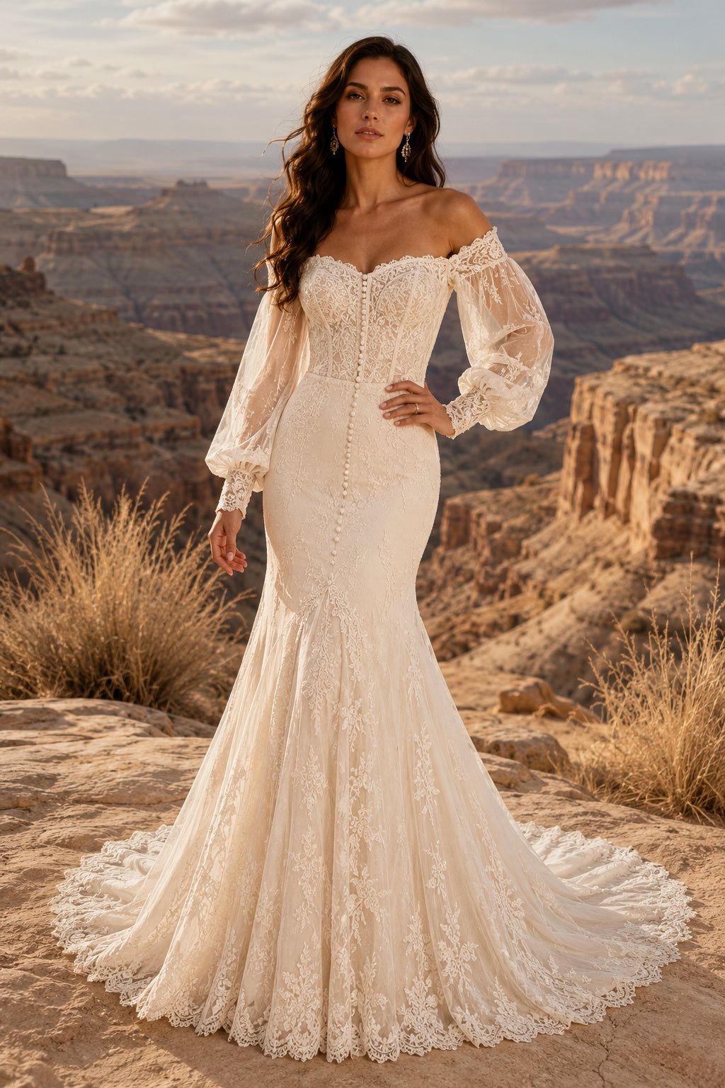 Ivory Off Shoulder Puff Sleeve Lace Mermaid Wedding Dress for Wedding Ceremony and Reception front view