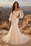 Ivory Off Shoulder Puff Sleeve Lace Mermaid Wedding Dress for Wedding Ceremony and Reception front view