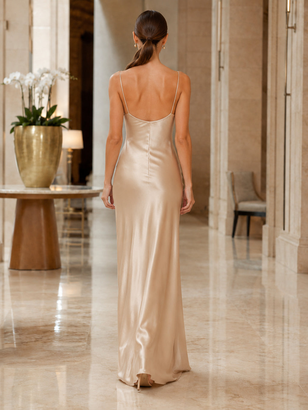 Champagne Strapless Satin Draped Slit Evening Gown back view