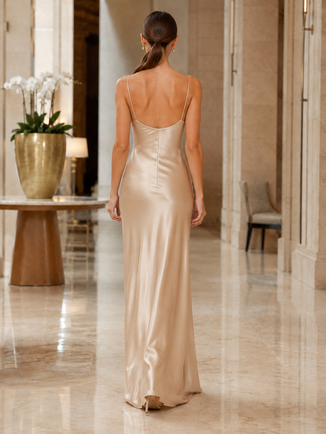Champagne Strapless Satin Draped Slit Evening Gown back view