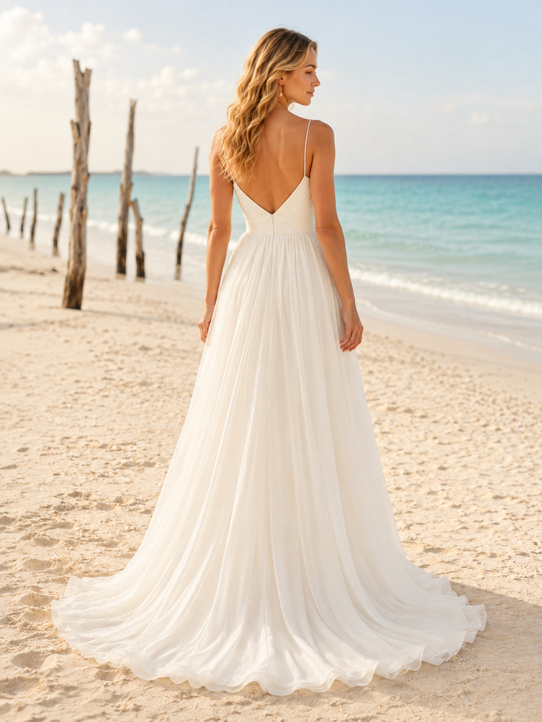 Simple Beach V Neck Pleated Chiffon A Line Sweep Train Wedding Dress back view