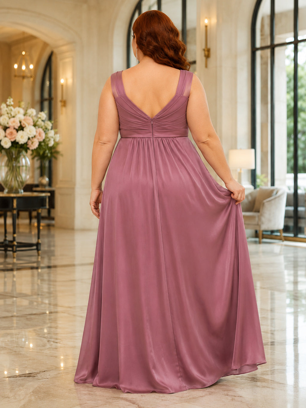 Plus Size Mauve V Neck Sleeveless Empire Floor Length A Line Gown back view