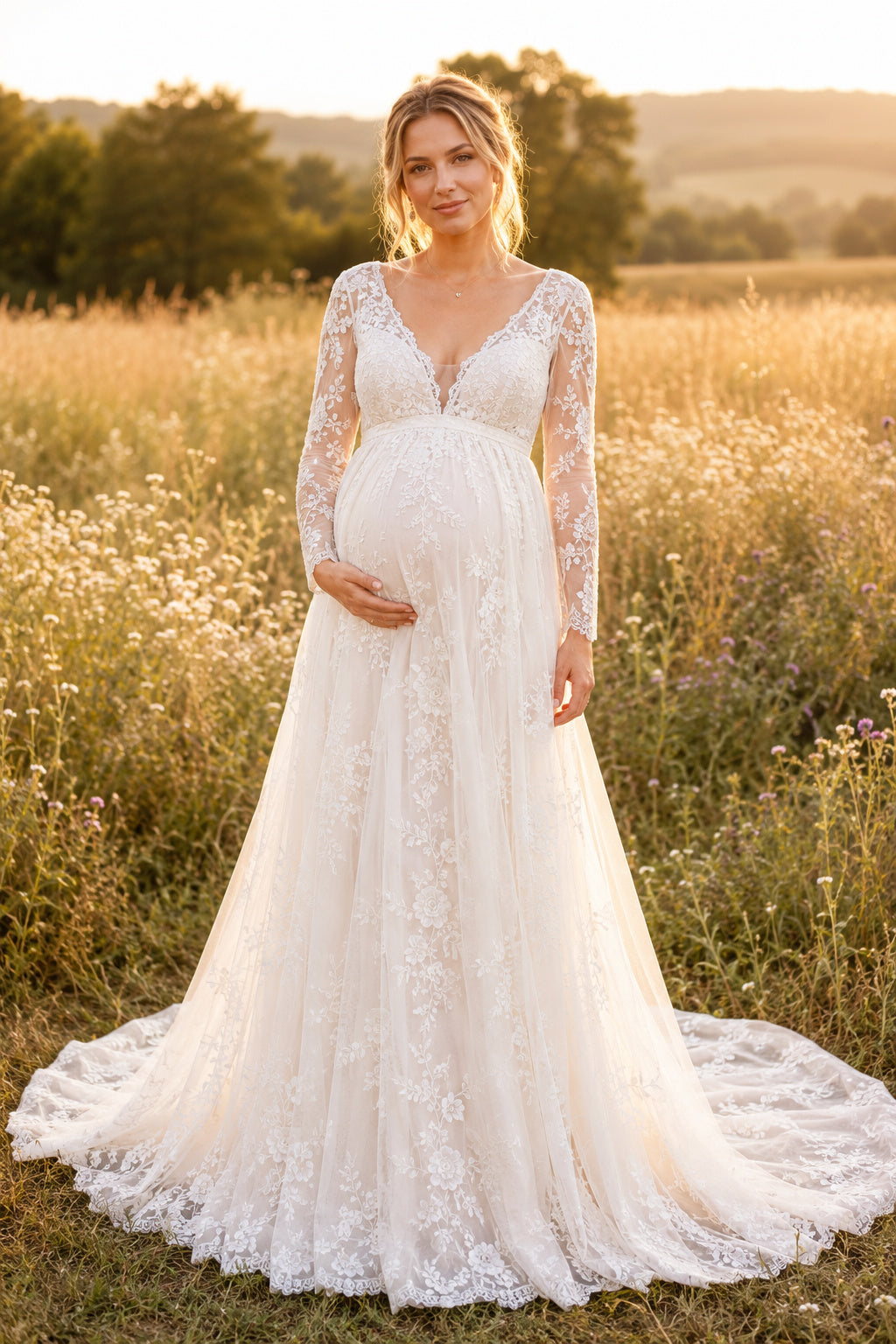 Ivory Long Sleeve Lace Maternity Wedding Dress with V-Neck and Lace Train front view