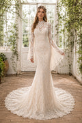 Ivory High Neck Bell Sleeve Mermaid Lace Wedding Dress with Long Train front view