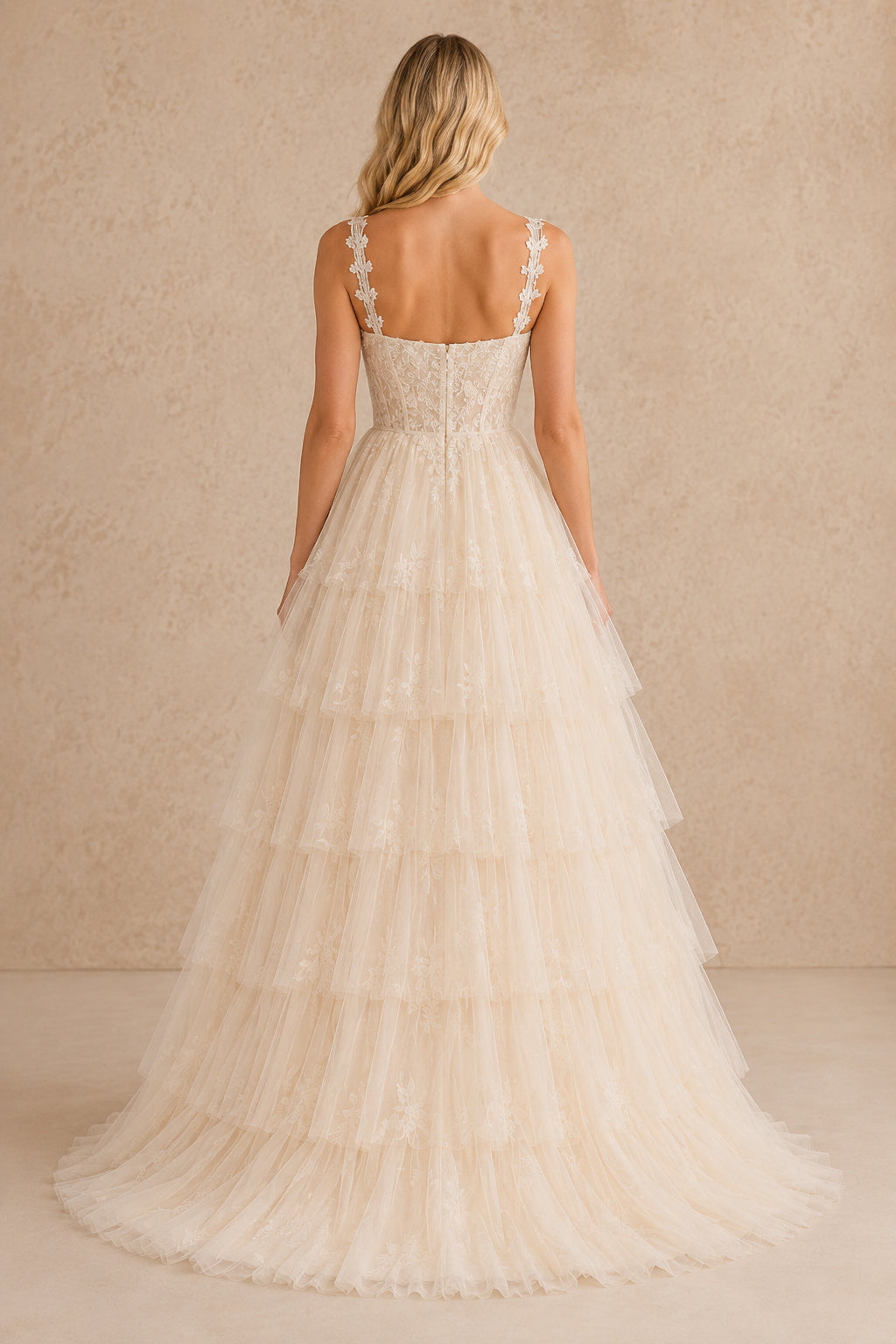 Ivory Square Neck Tiered Tulle A-Line Wedding Dress with Lace Straps back view