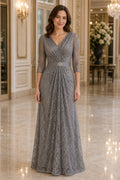 Gray V-neck Three-Quarter Sleeve A-Line Sequin Floor-Length Dress With Beaded Waist