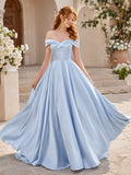 Sky Blue Off Shoulder Satin A Line Wedding Gown front view