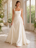 Modern Square Neck Wide Strap Ruched Satin A-Line Sweep Train Wedding Gown front view