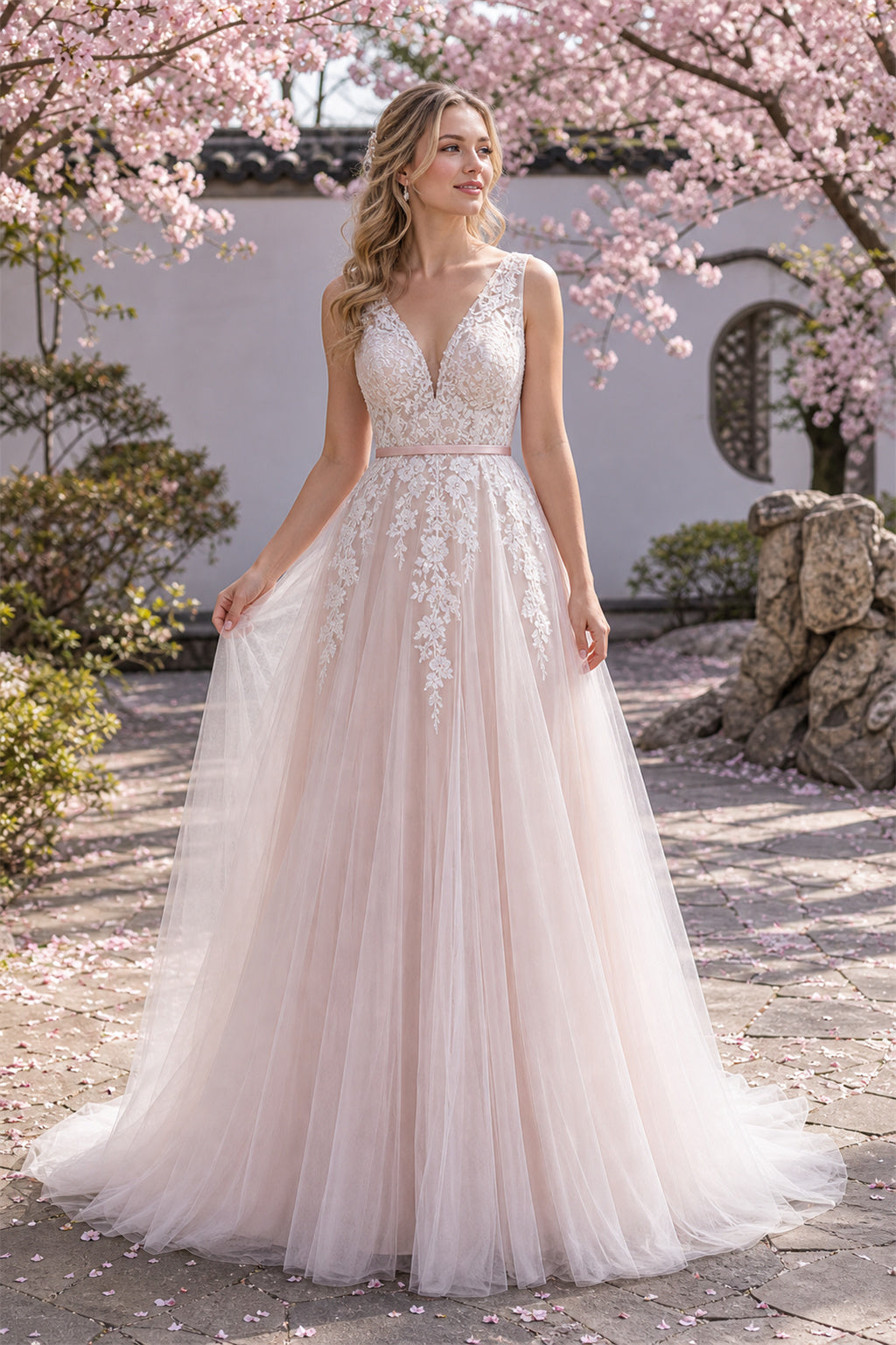 Blush V-neck Ball Gown Tulle Floor-length Wedding Dress With Lace and Beading and Open Back