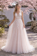 Blush V-neck Ball Gown Tulle Floor-length Wedding Dress With Lace and Beading and Open Back
