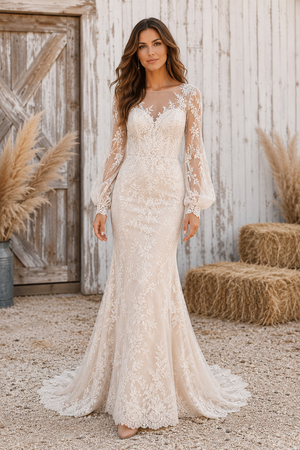 Illusion Long Sleeve Mermaid Wedding Dress with Lace Overlay and Sweep Train for Rustic Garden Ceremony front view