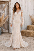 Illusion Long Sleeve Mermaid Wedding Dress with Lace Overlay and Sweep Train for Rustic Garden Ceremony front view