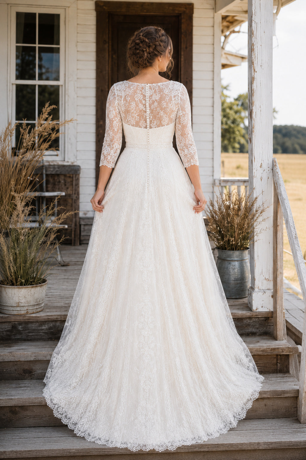 Bateau Three Quarter Sleeve A-Line Wedding Dress with Lace Overlay and Tulle Train back view