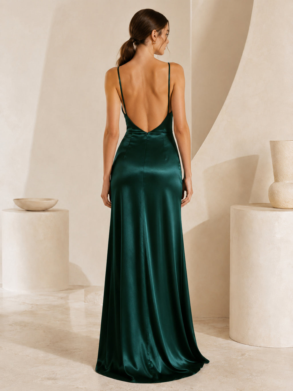 Dark Green Open Back Satin Slit Dress back view
