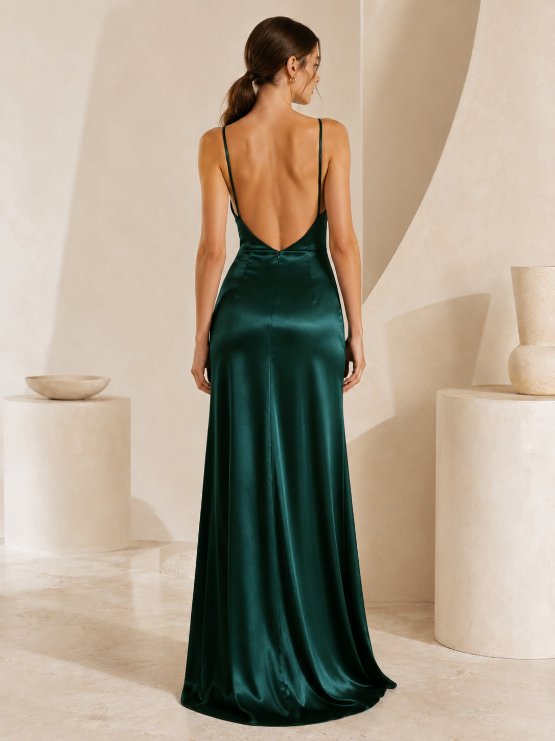 Dark Green Open Back Satin Slit Dress back view