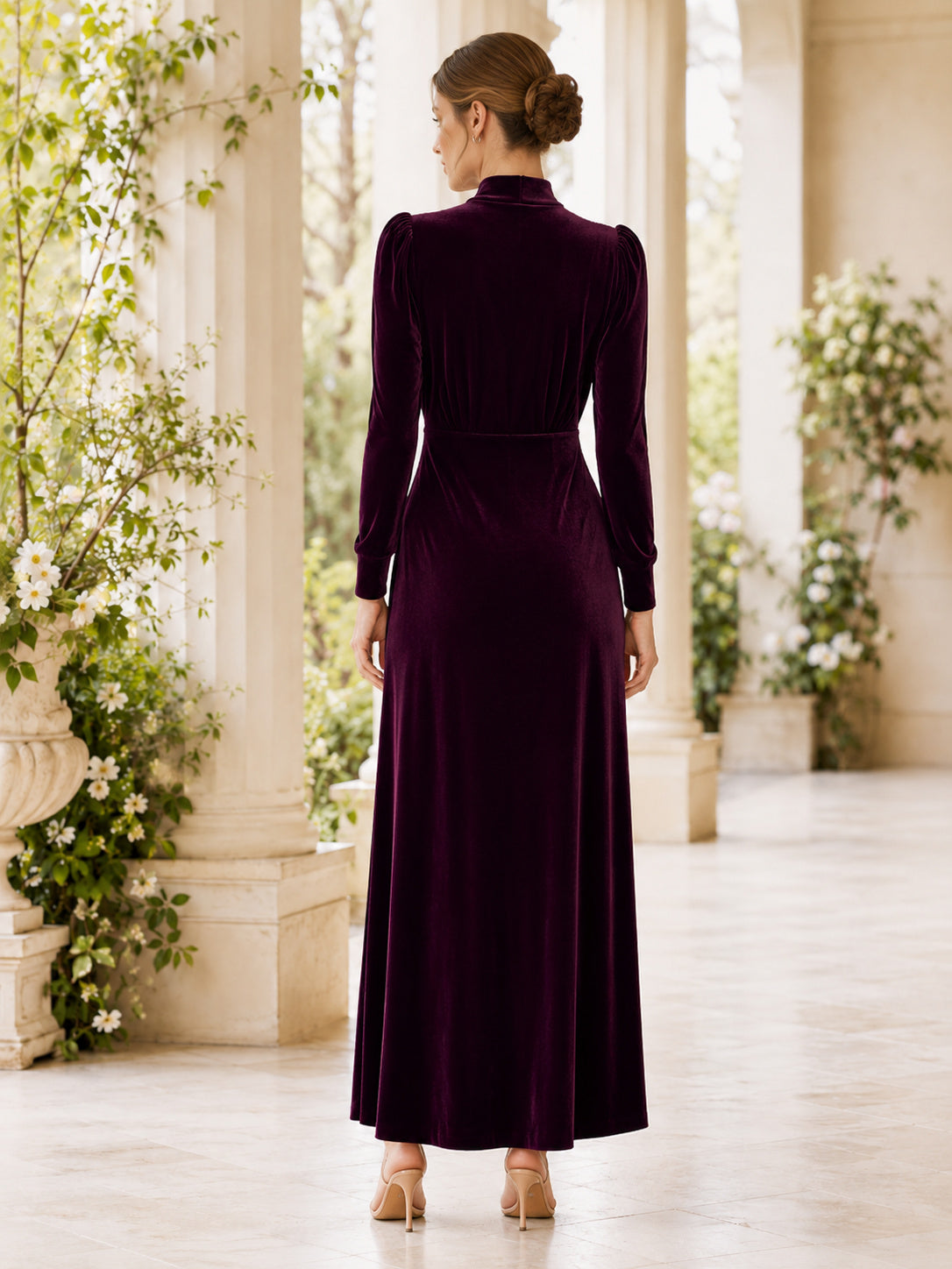 Plum High Neck Long Sleeve Draped Velvet Ankle Guest Dress back view