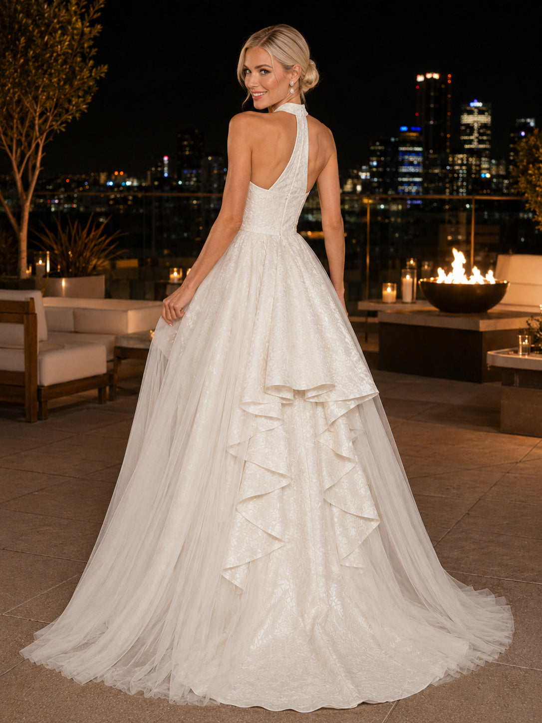 Halter High Low Detachable Train Rooftop Wedding Dress back view