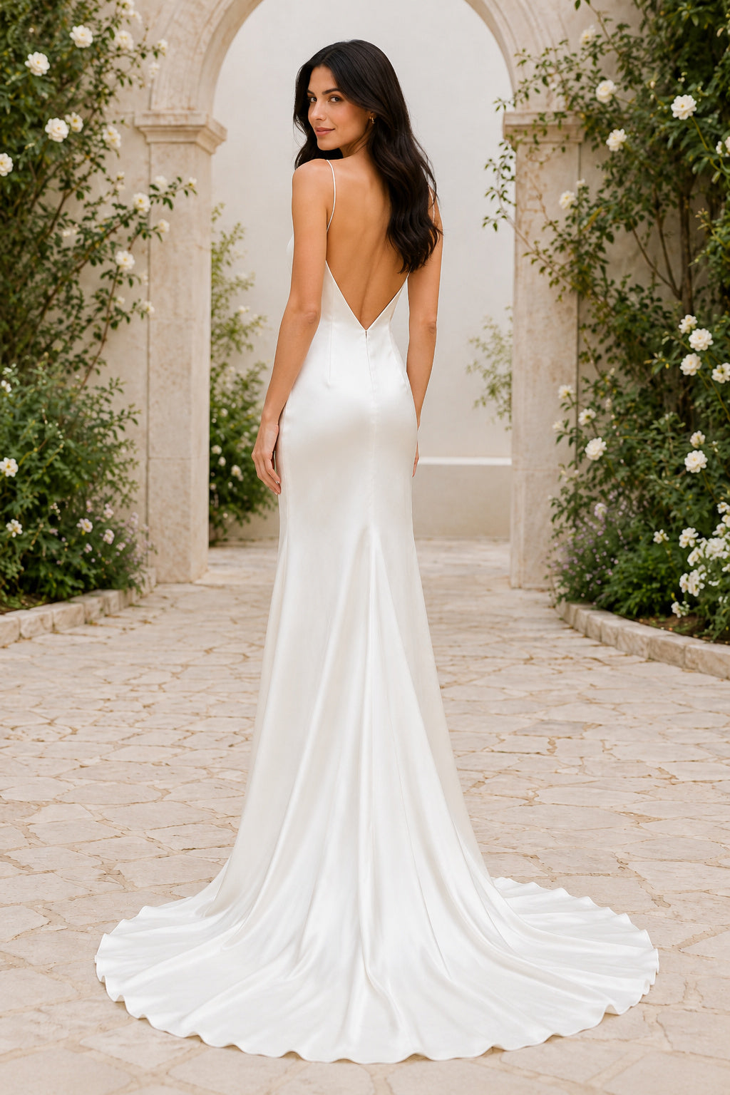 Satin Wedding Dress Mermaid V-Neck Spaghetti Strap Sweep Train Bridal Gown back view