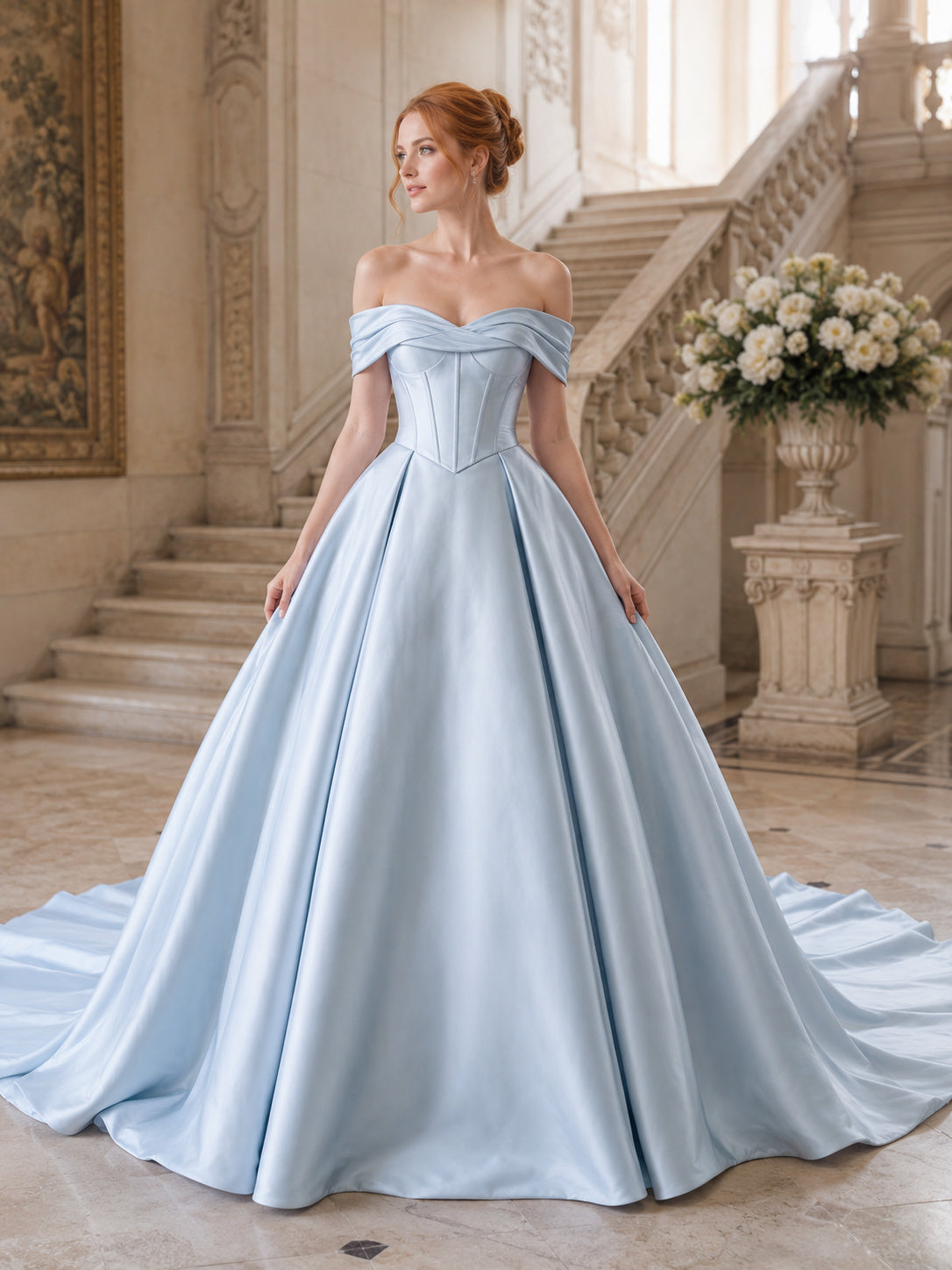 Ice Blue Satin Off Shoulder Corset Ball Gown Wedding Dress front view