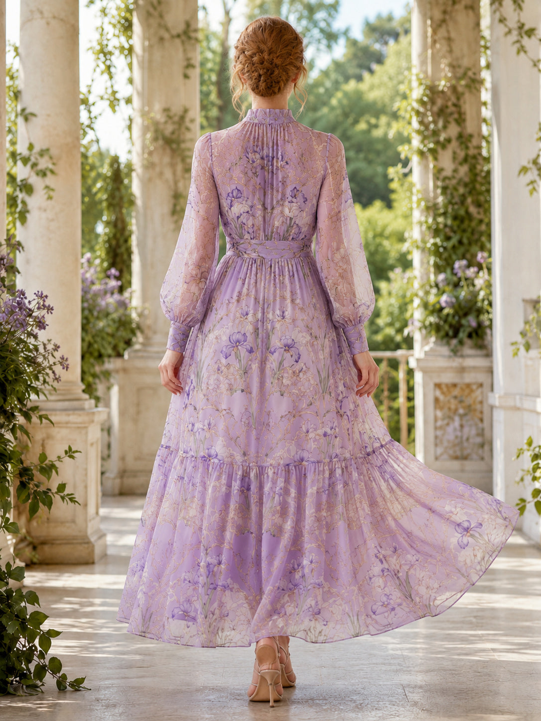 Art Nouveau Lavender High Neck Tiered Midi Dress back view