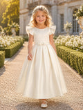 Flower Girl Dress Ivory Satin A-Line Short Sleeve Jewel Neck Tea Length Bow Detail front view