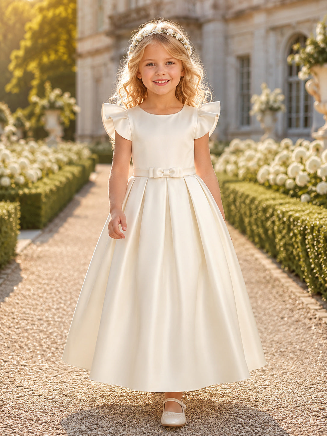 Flower Girl Dress Ivory Satin A-Line Short Sleeve Jewel Neck Tea Length Bow Detail front view