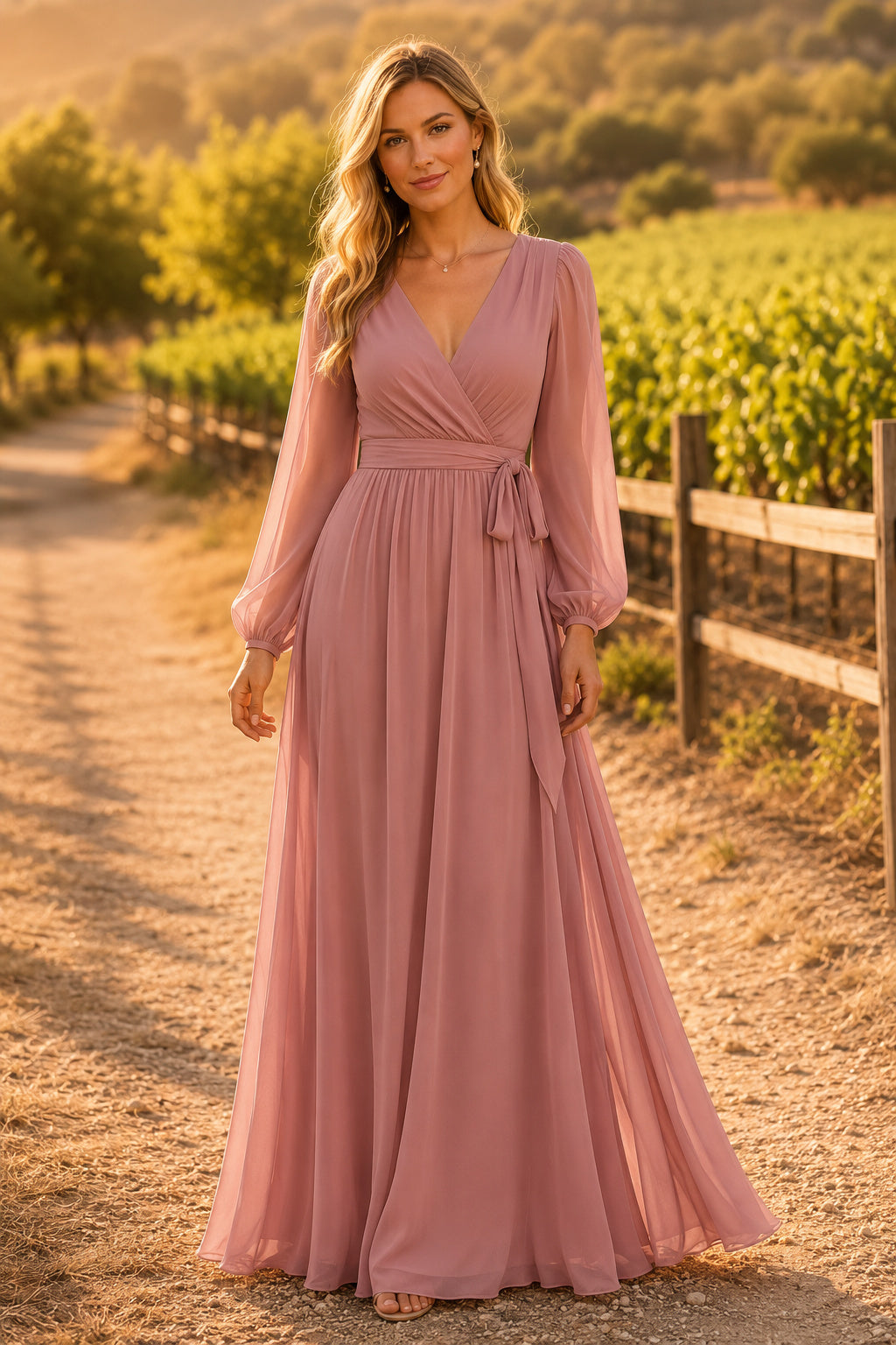 Dusty Rose Long Sleeve Chiffon Bridesmaid Dress with V-Neck Ruched Waist and Sash front view