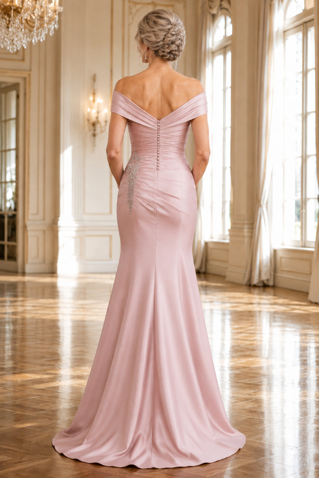 Blush Off Shoulder Satin Mermaid Mother Dress with Beaded Side Applique and Sweep Train back view