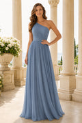 Steel Blue One-Shoulder Chiffon A-Line Bridesmaid Dress with Pleated Bodice front view
