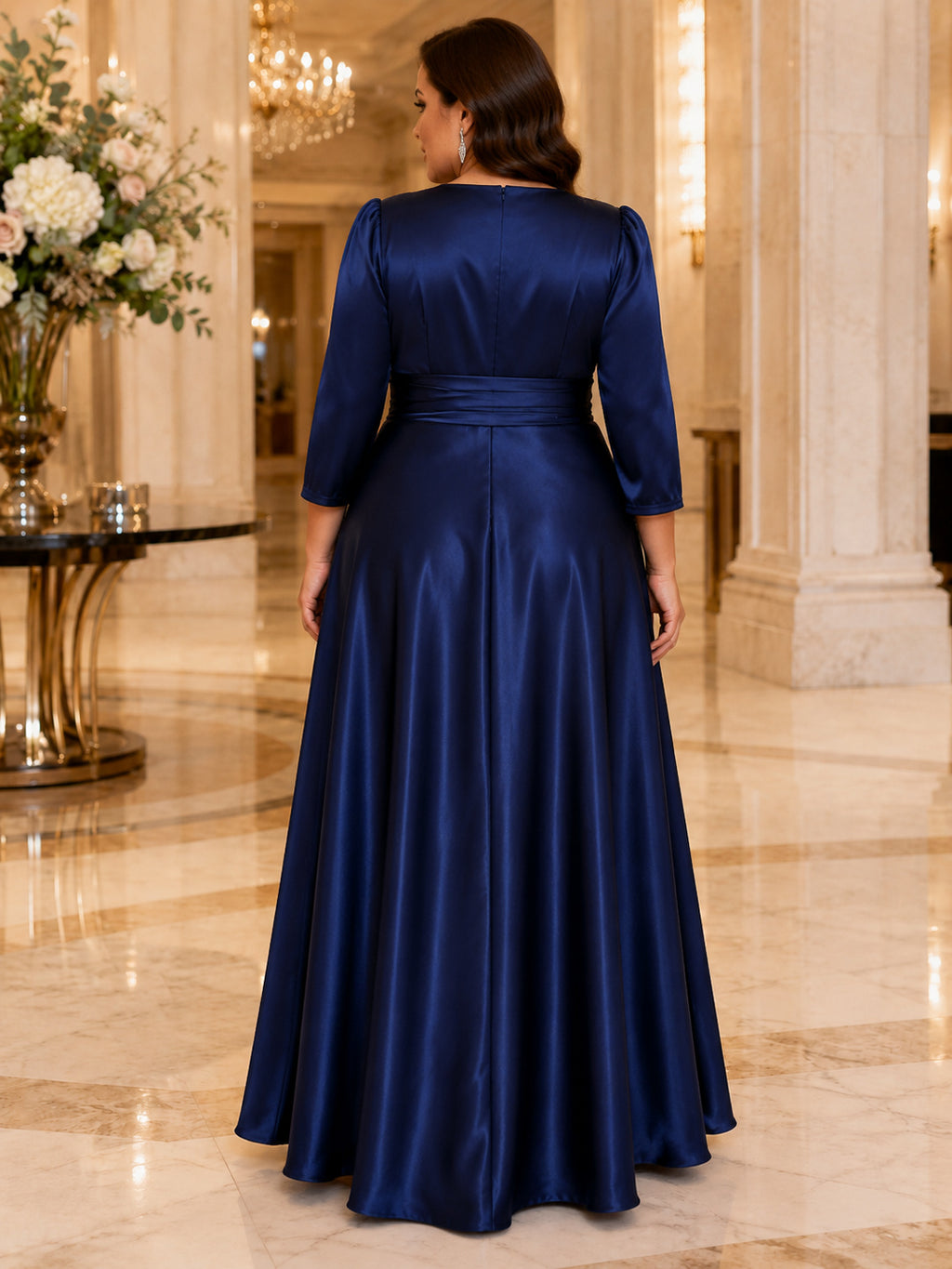 Dark Navy Plus Size V Neck Satin Wrap Long Sleeve Floor Length Formal Dress back view