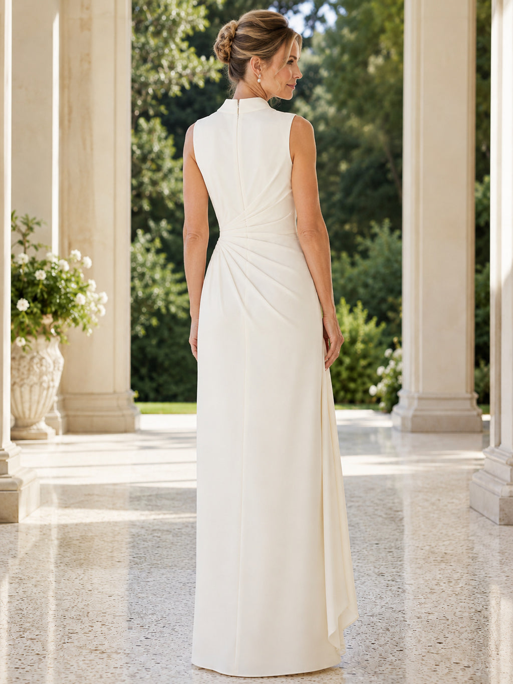 Ivory Modern High-Neck Sleeveless Sheath Floor-Length Mother of the Bride Column Dress with Diagonal Draping back view