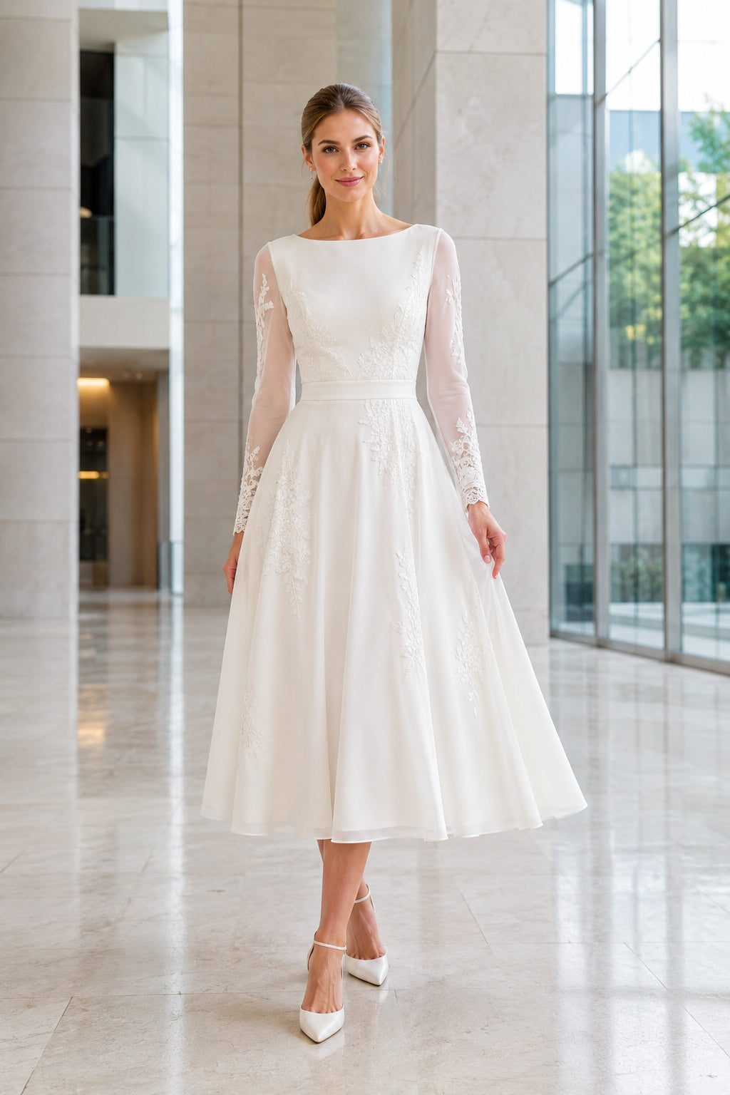 Ivory Bateau Neck Long Sleeve Satin Lace Tea-Length Wedding Dress with Sheer Lace Sleeves and Simple Satin Skirt front view