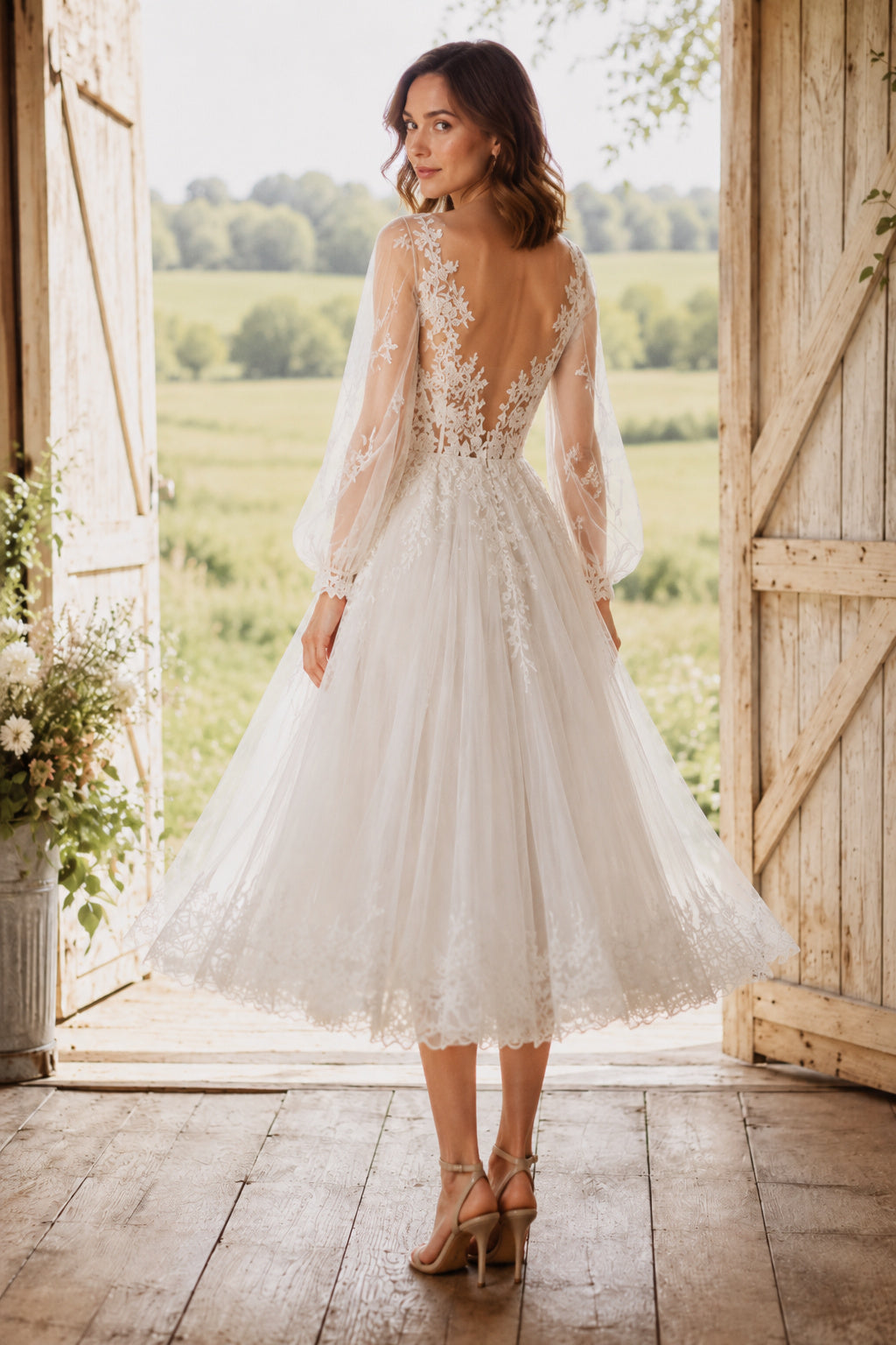 Ivory V-Neck Long Sleeve Lace Tulle Tea-Length Wedding Dress with Deep V Lace Bodice and Tulle Skirt back view
