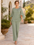 Sage Romantic Elegant Scoop-Neck Floral-Shoulder Flutter-Sleeve Layered-Asymmetrical Chiffon Ankle-Length Mother of the Bride