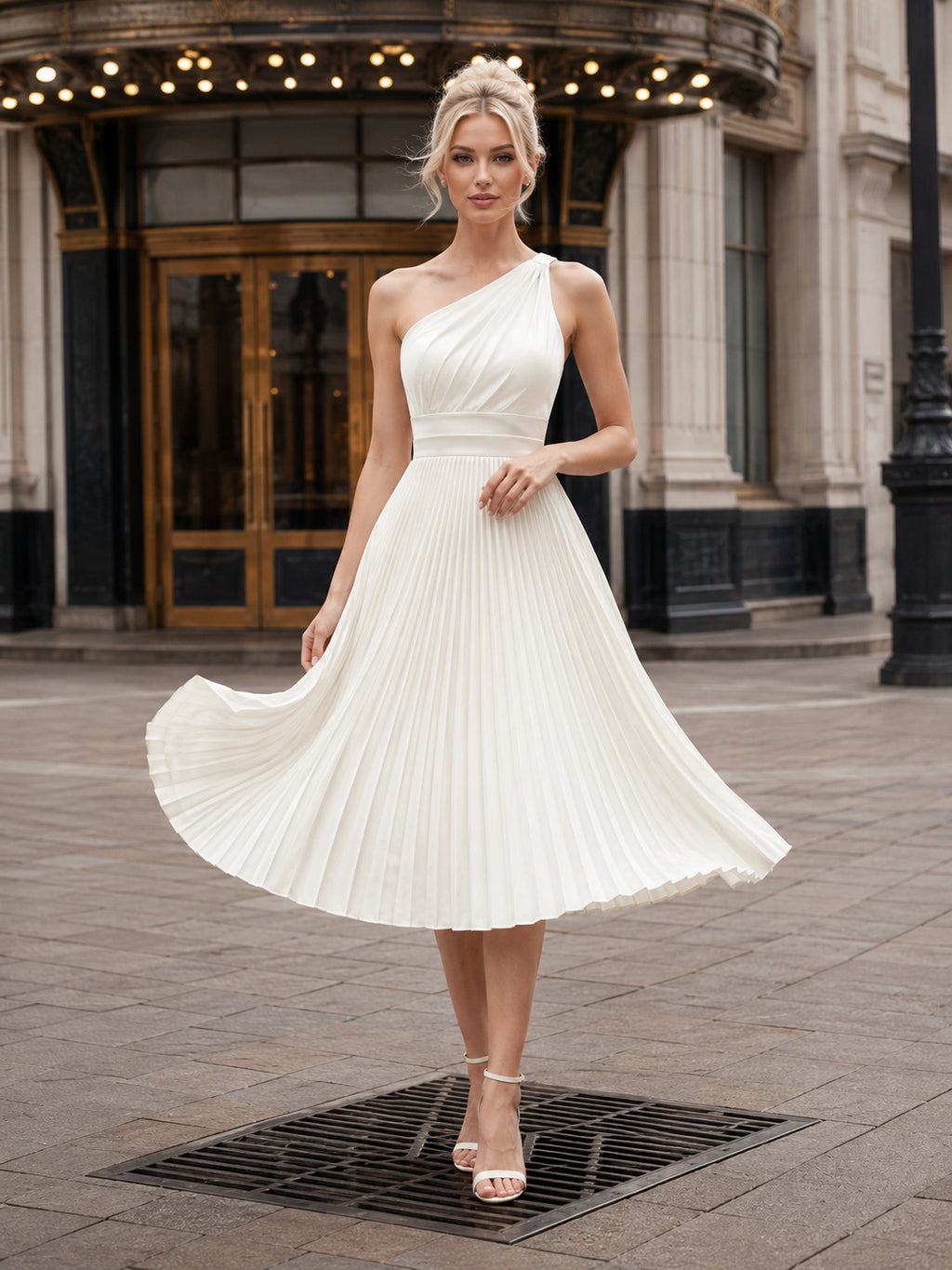 One Shoulder Pleated Tea Length City Bridal Midi Dress front view