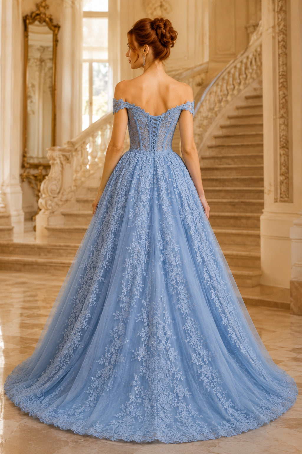 Sky Blue Off-the-Shoulder Lace Ball Gown Prom Dress with Full Tulle Skirt back view