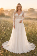 Ivory Long Sleeve Lace Bodice A-Line Wedding Dress with Chiffon Skirt Style MG_700437 front view
