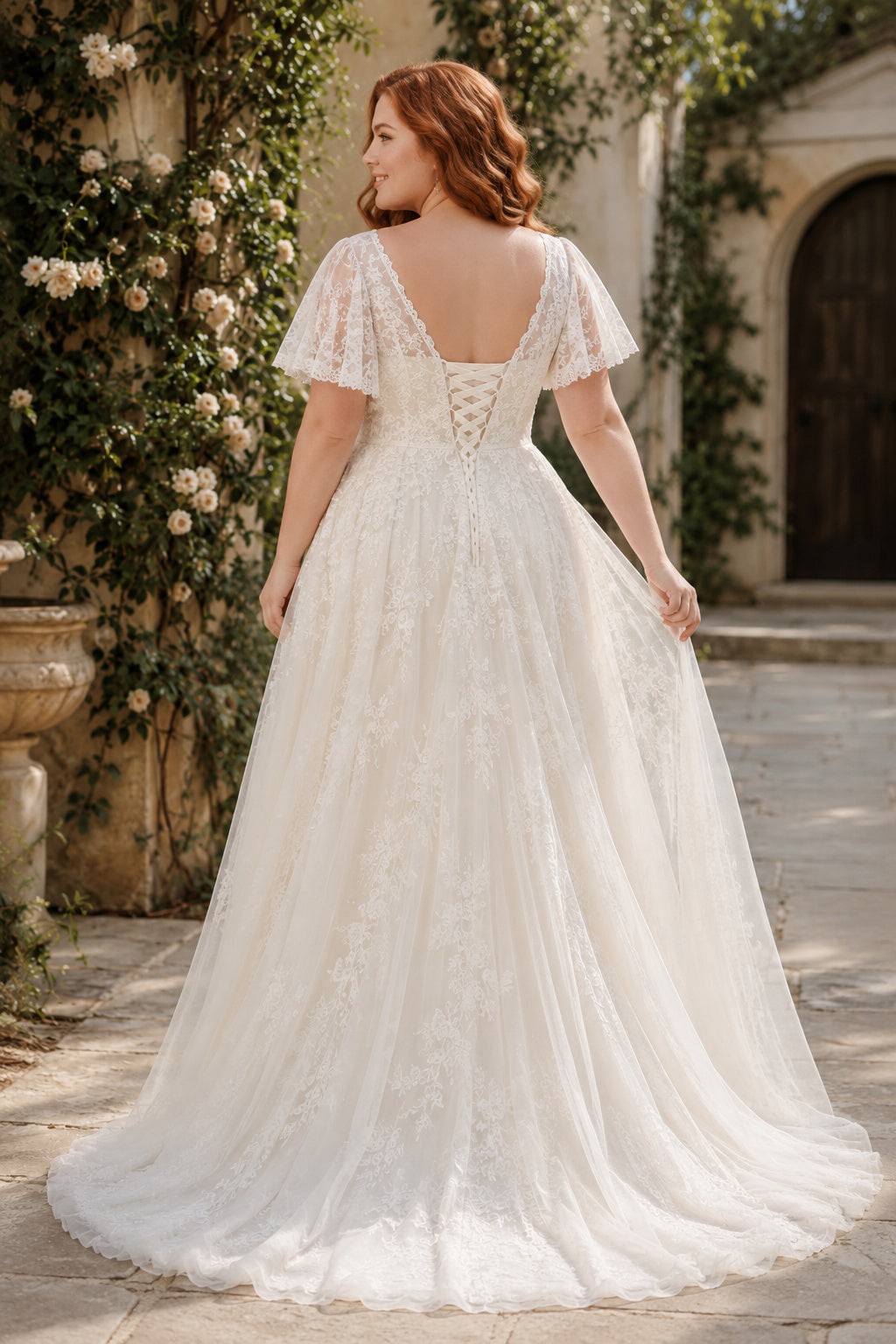 Ivory Plus Size V-Neck Lace A-Line Wedding Dress with Flutter Sleeves and Corset Back back view