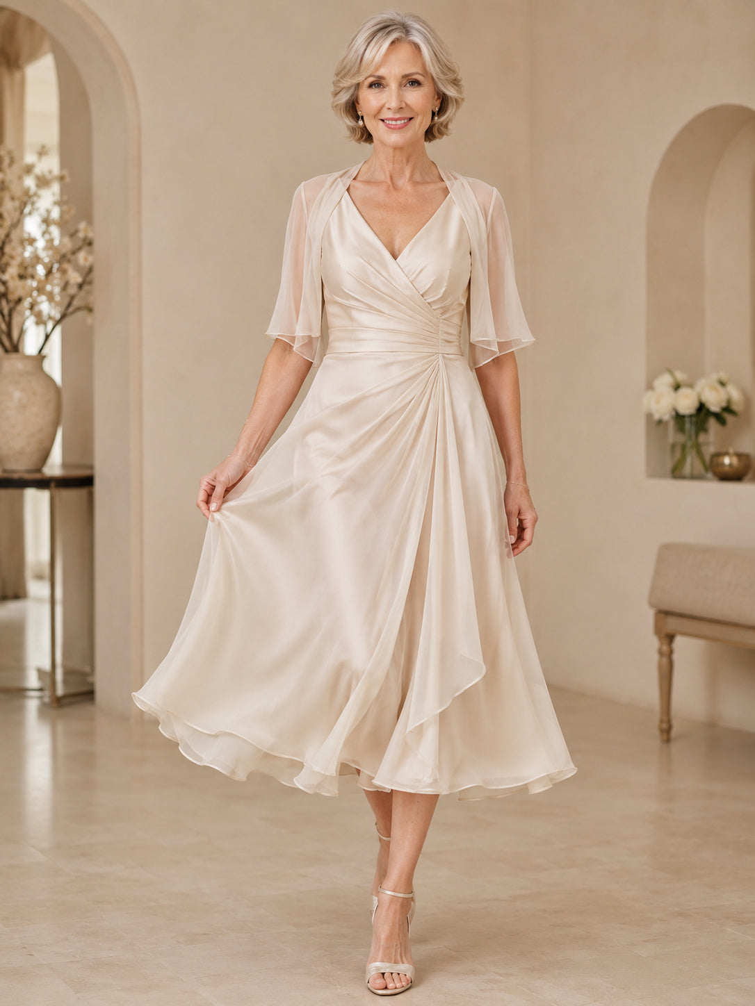 Older Brides Casual V-Neck Wrap Half Flutter Sleeve Chiffon A-Line Tea-Length Wedding Dress back view