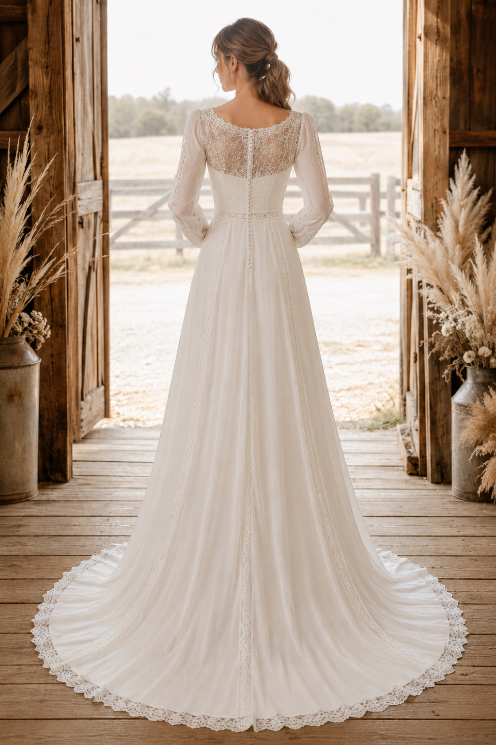 Bateau Long Sleeve A-Line Wedding Dress with Lace Bodice and Chiffon Sweep Train Style MG_701326 back view