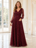 Regal Burgundy Sequin Formal A Line Floor Length V Neck Long Sleeve Gown front view