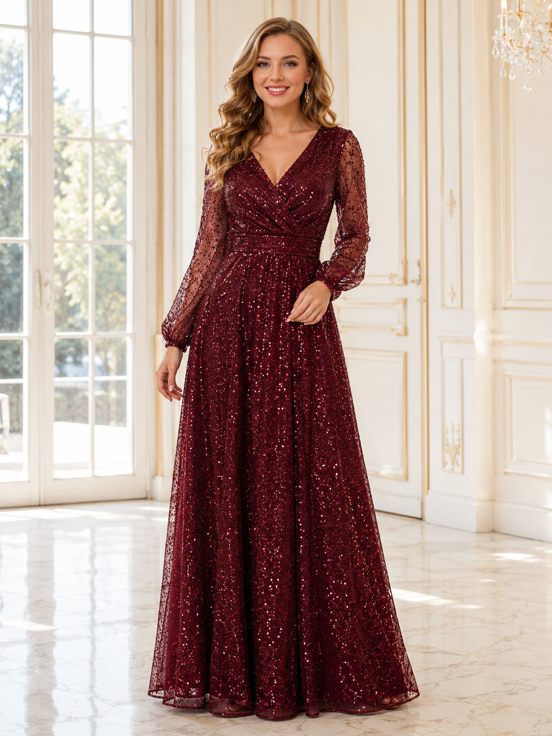 Regal Burgundy Sequin Formal A Line Floor Length V Neck Long Sleeve Gown front view