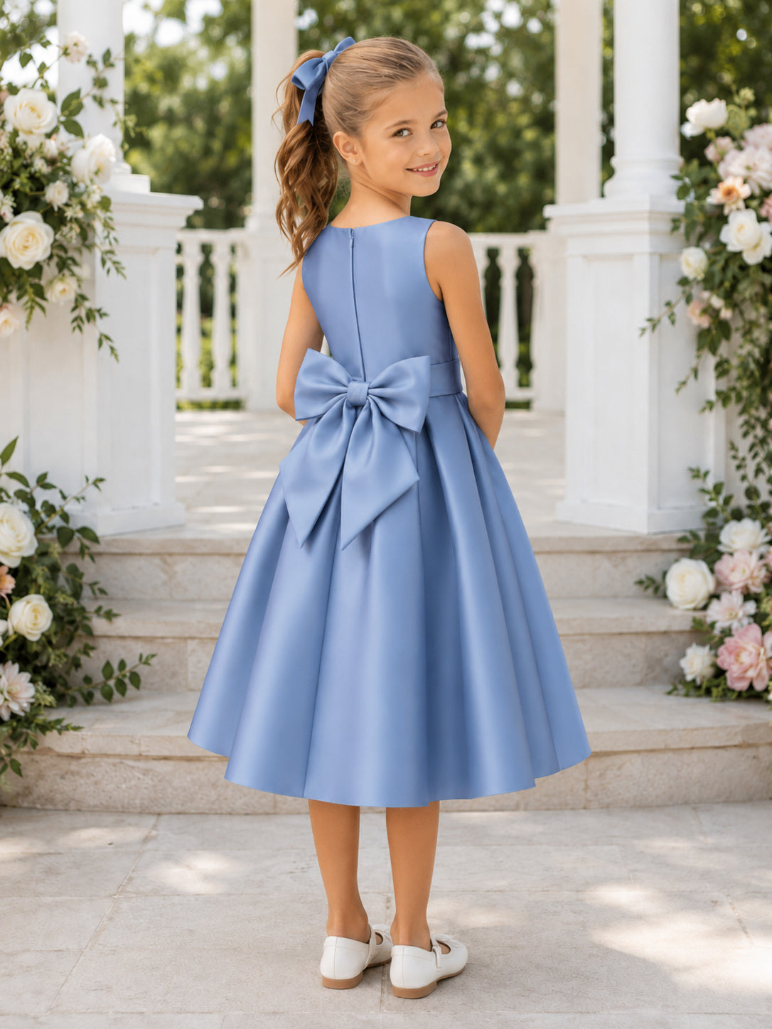 Simple Tea-Length A-Line Garden Flower Girl Steel Blue Satin Back Bow Square Neck Dress back view