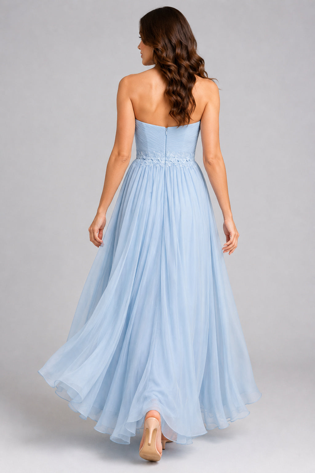 Sky Blue Strapless Tulle A-Line Formal Dress with Sweetheart Neckline back view