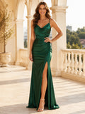 Emerald Cowl Neck Spaghetti Strap Satin Sheath Floor Slit Argentina Egresada Gown front view