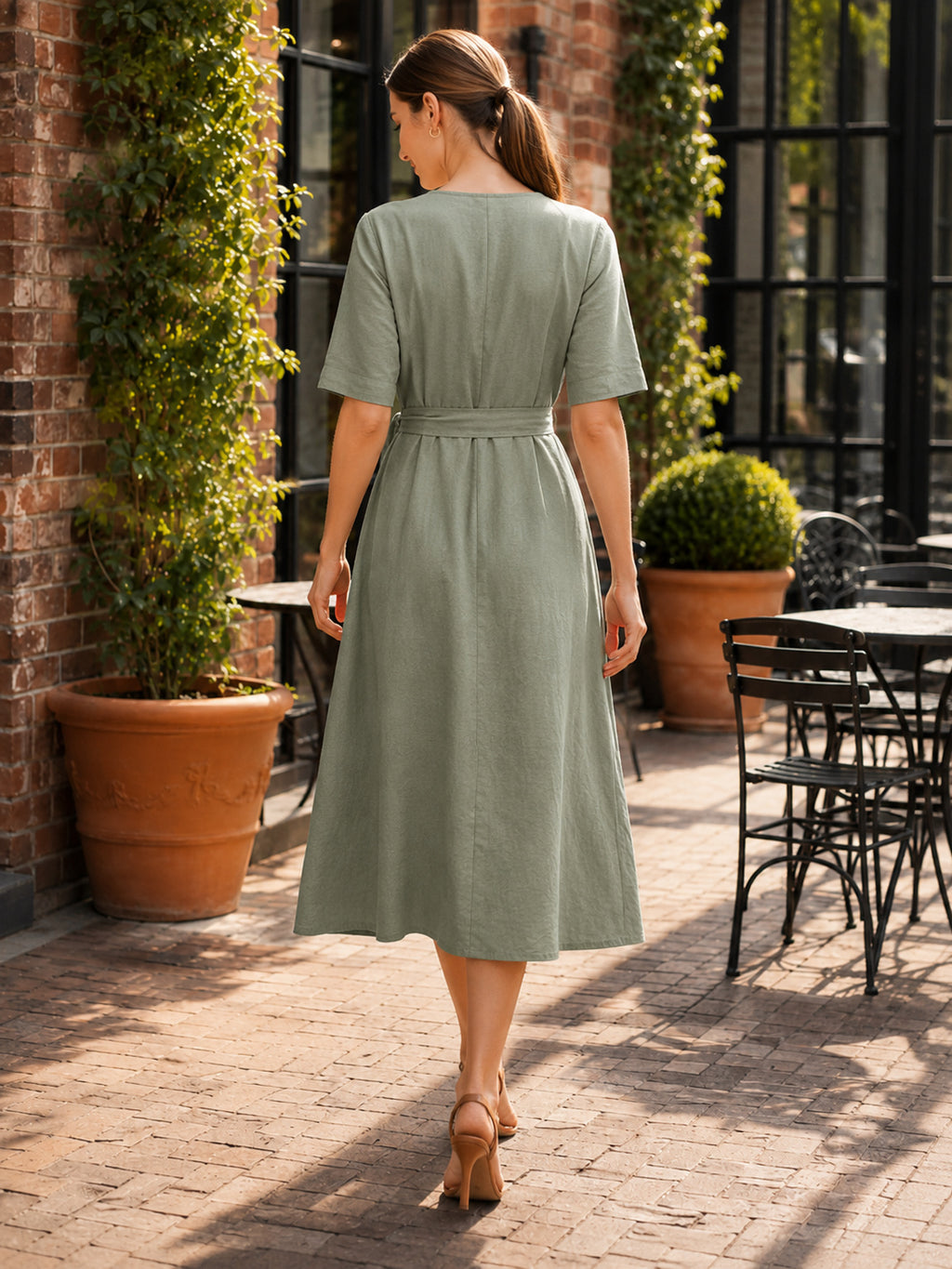Sage Linen Wrap V Neck Short Sleeve Patio Midi Dress back view