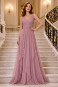 Dusty Rose V-Neck Chiffon A-Line Bridesmaid Dress with Ruffle Front front view