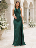 Dark Green Cowl Halter Satin Backless Sheath Floor Wedding Guest Gown front view