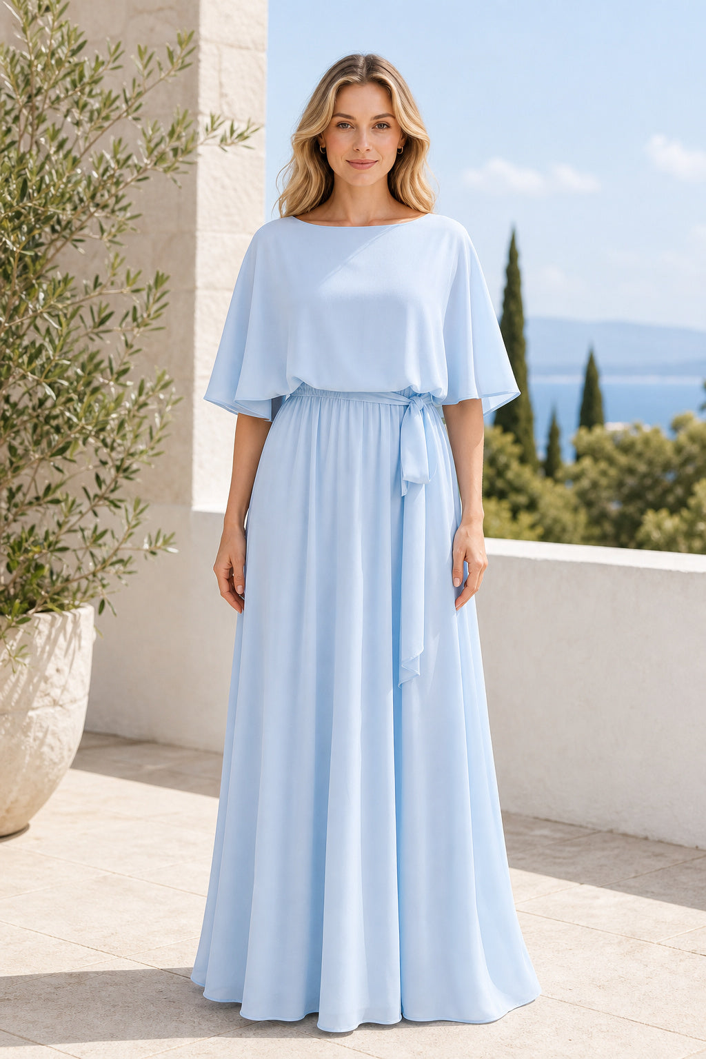 Light Blue Bateau Cape Sleeve A-Line Chiffon Floor-Length Dress With Belt